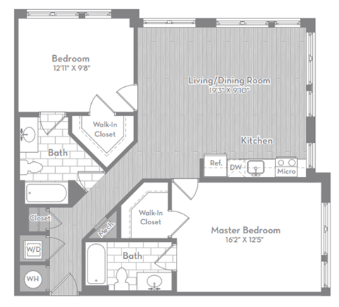 Floor plan for 2 beds, 2 baths, 1052 sqft